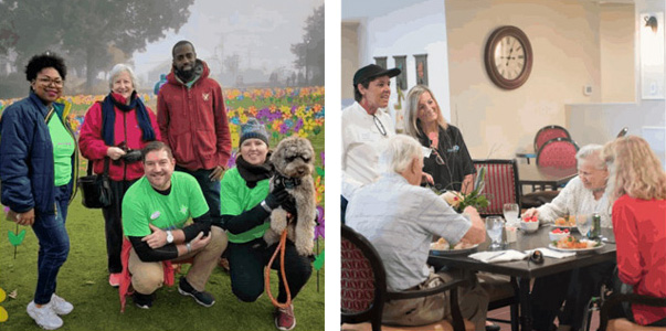 Collage of residents and staff setting up for events, dining and enjoying life