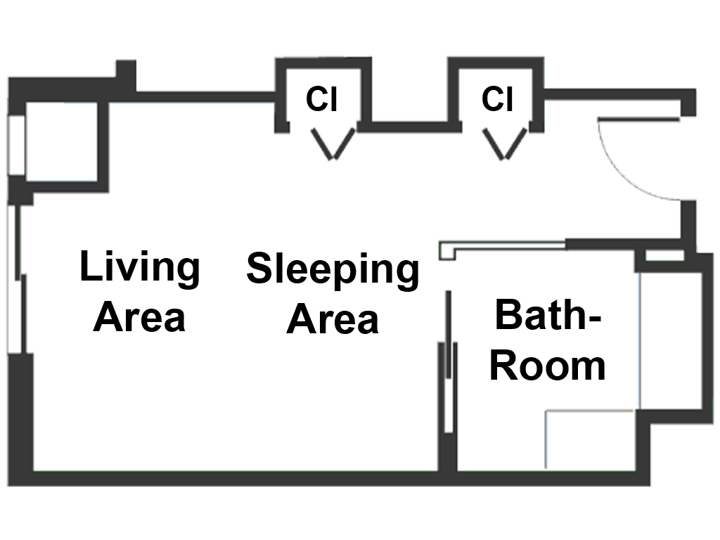 Seabreeze Studio Floor Plan, 320 sq ft, semi private studio